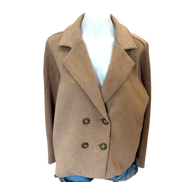 Splendid Camel Double Breasted Sweater Jacket LARGE Felted Boxy Coat Wool $178 - Picture 6 of 12